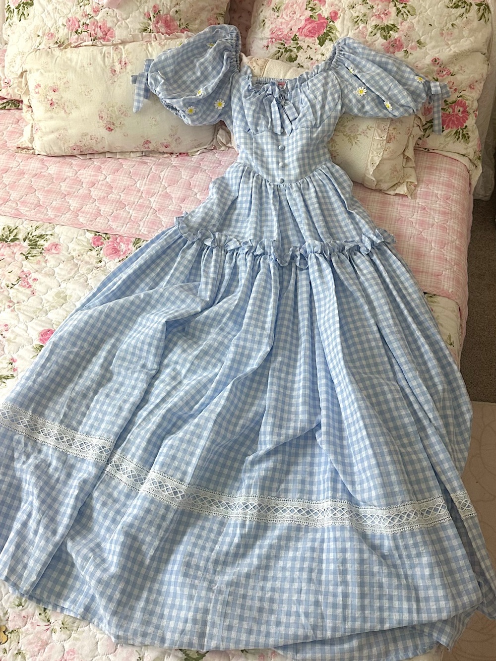 Blue Gingham Puff-Sleeve Dress ~ S